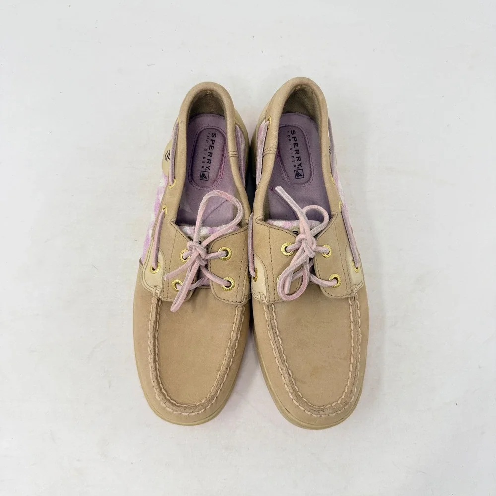Sperry‎ Bluefish Top Sider Boat Shoes Pink Gingham Tan Leather Lace Up Size 7.5M